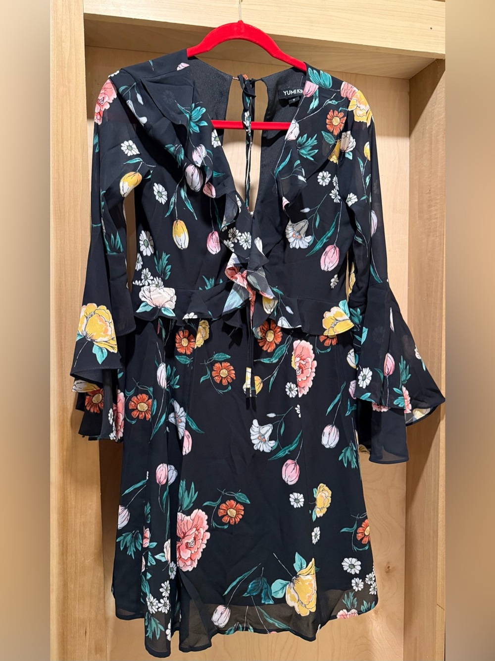 Yumi Kim Black Floral Ruffle Tie-Front Dress Size Small